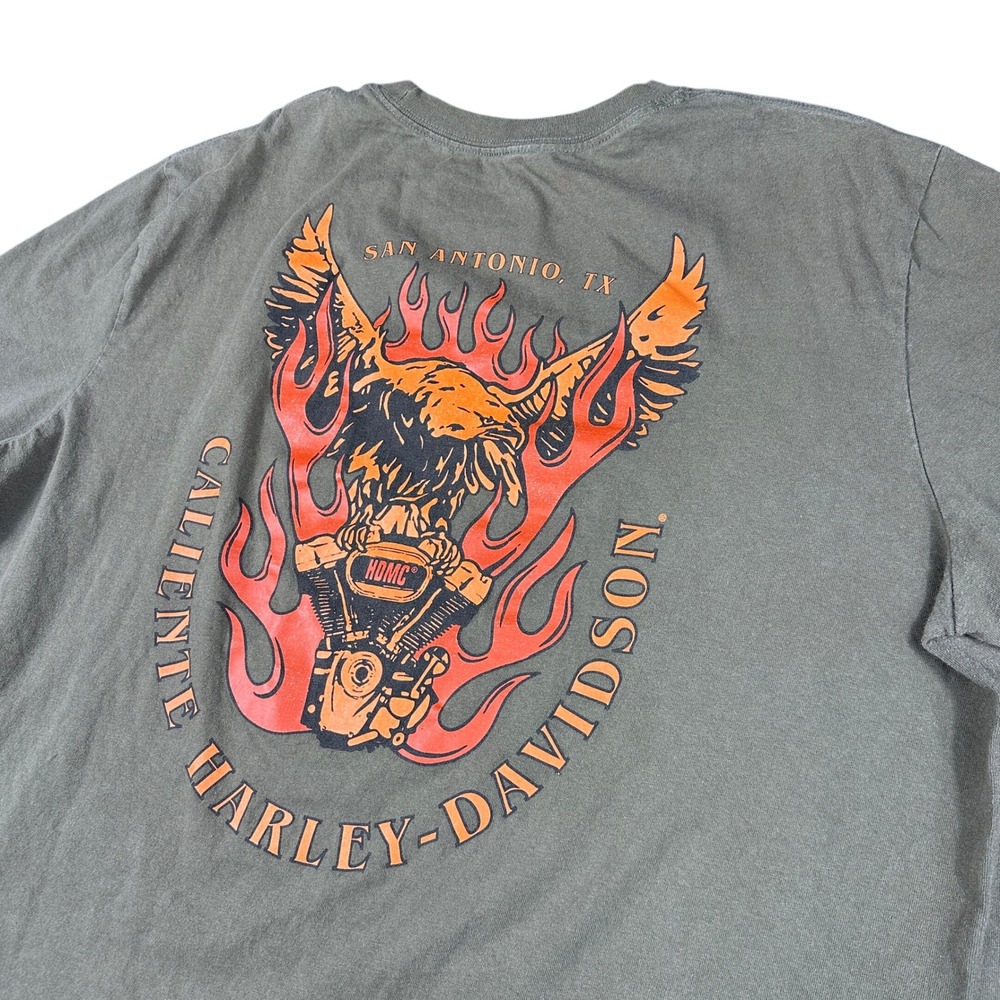 Harley-Davidson T-Shirt XL Olive Green Caliente San Antonio Eagle Flame Graphic